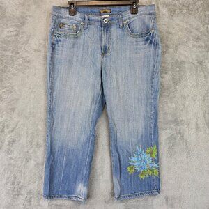 Department Of Peace Jeans Womens 14 Blue Denim Capri Cropped Floral Embellished